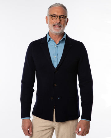 Casaco de Malha 100% Lã Merino em Azul Escuro